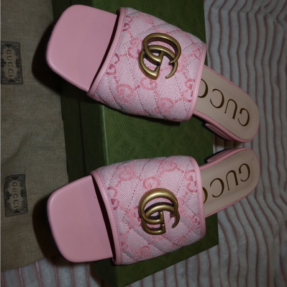 Gucci Pink Monogram Slide Sandals
